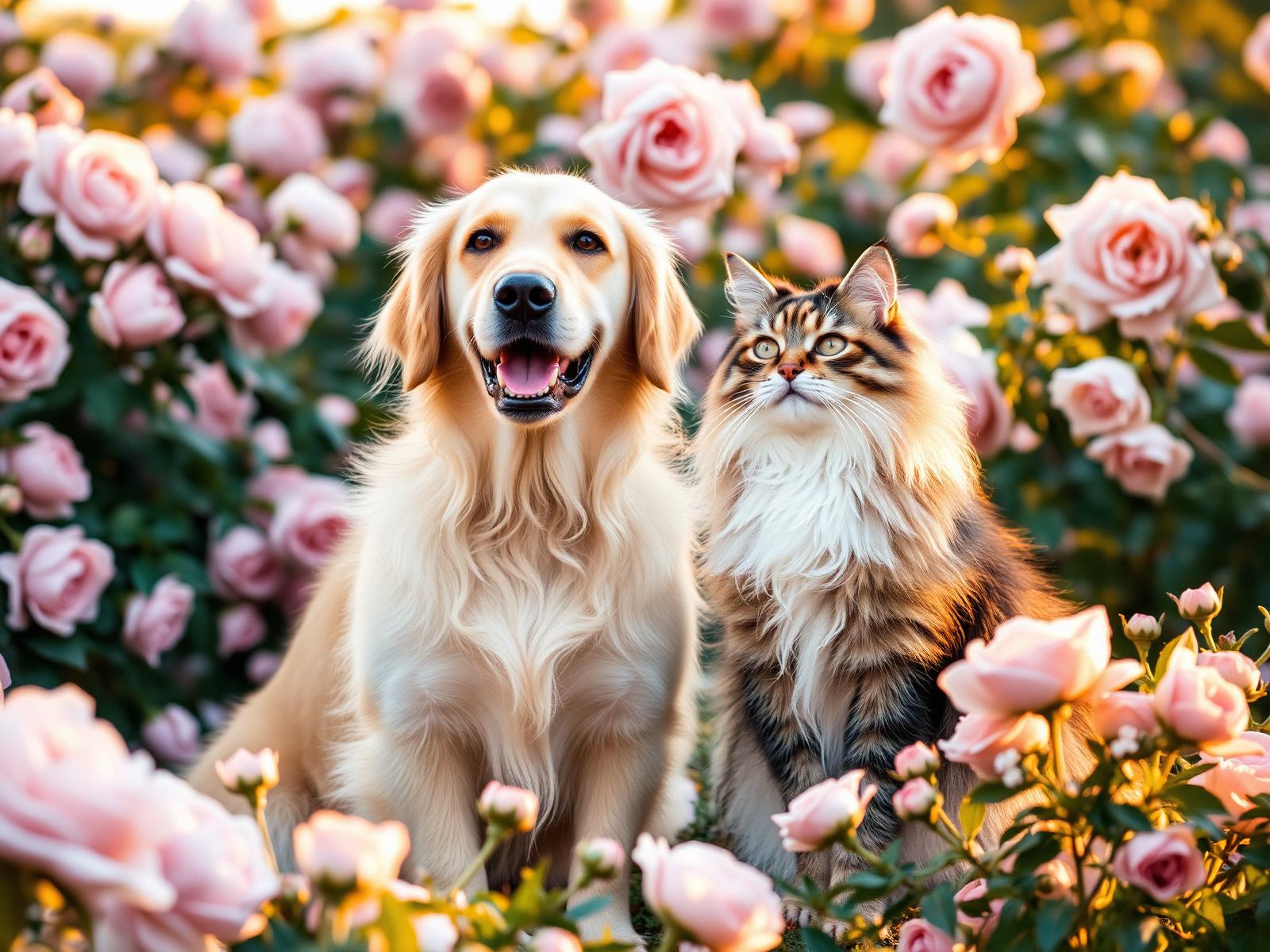 Bir gül bahçesinde birlikte oturan sevimli bir köpek ve kedi